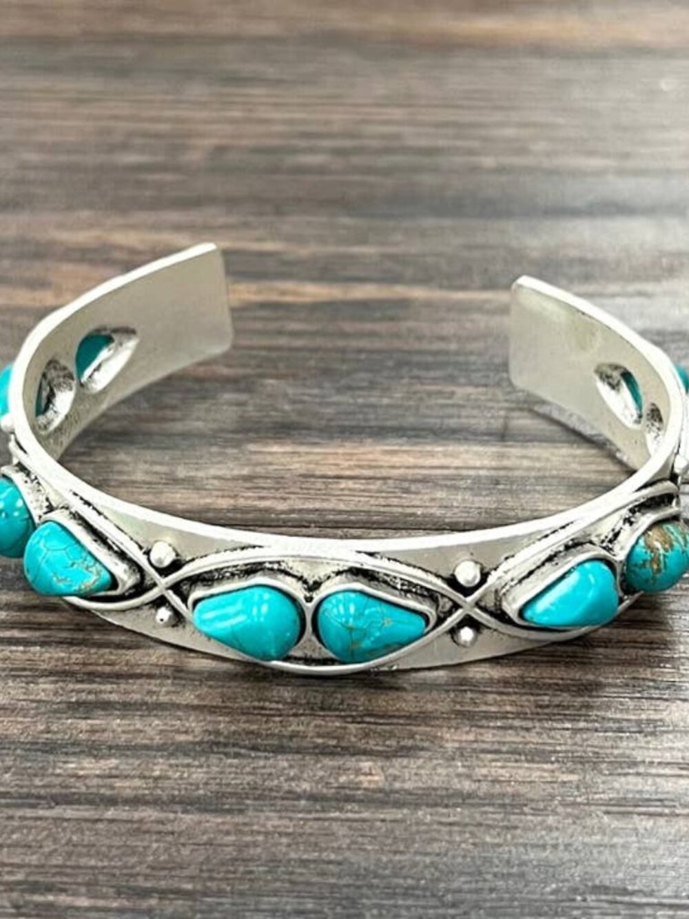 Turquoise Wave Cuff Bracelet Western Boho Rodeo Silver Tone